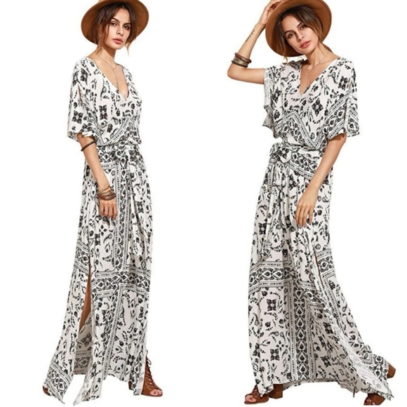 MILUMIA Boho Tie-Waist Vintage Print Maxi Dress - Picture 2 of 7